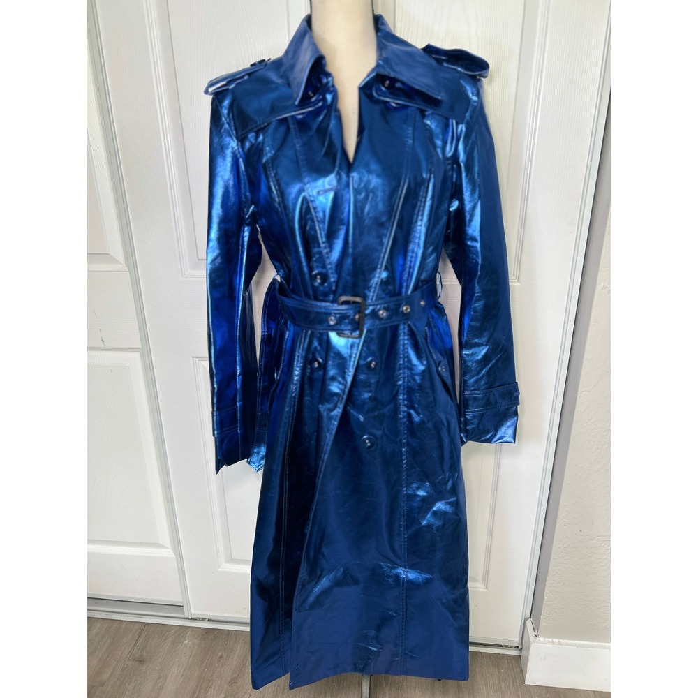 Kate Hewko Metallic Blue Faux Leather Foil Trench Coat Belted Jacket XL